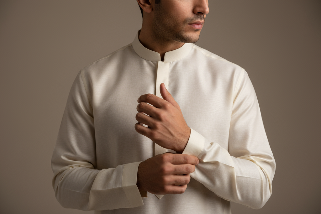 A male model facing right with his hand on his cuffs and a closeup photo from chest above. He should be wearing a cream color shalwar qameez. The fabric should be plain, silky, smooth, and the fabric should not be shiny.