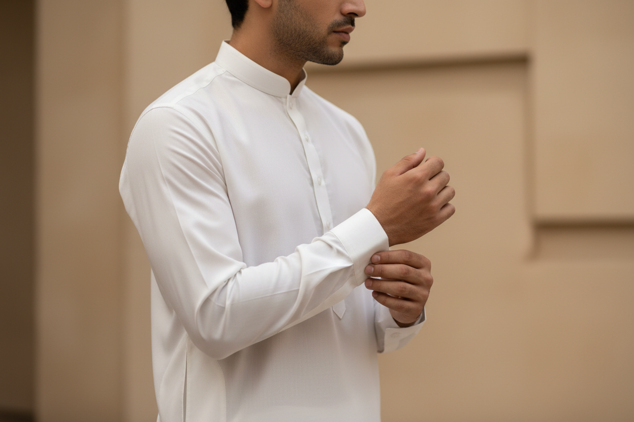 A male model facing right with his hand on his cuffs and a closeup photo from chest above. He should be wearing a white shalwar qameez. The fabric should be plain, silky, smooth, matte and the fabric should not be shiny. Qameez should have a colar not a ban.