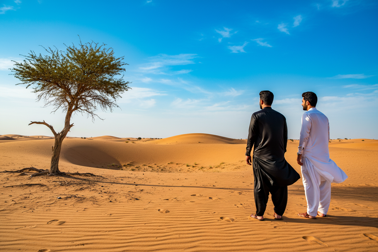 Image should be of a desert with a tree on one side and a two men standing on the side of the photo. They should be wearing silky plain shalwar qameez one in black and one in white. The photo should have vibrant colors.